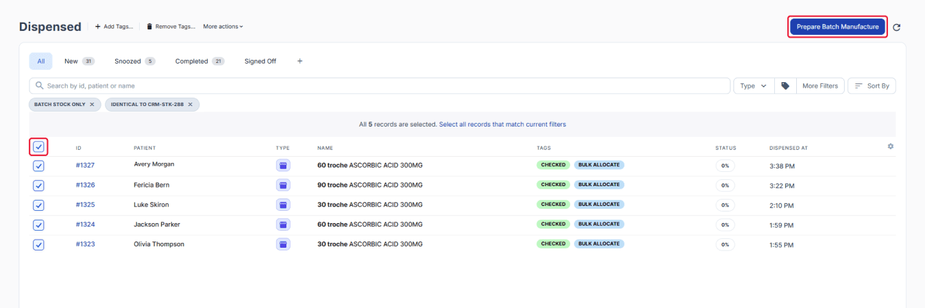 Dispensed dashboard, Prepare Batch Manufacture highlighted
