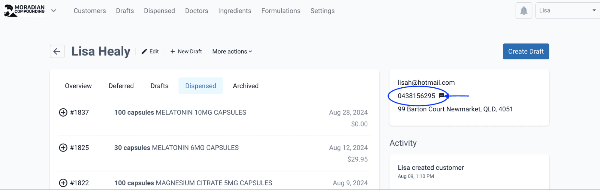 Mobile number highlighted and pointed in a customer record page