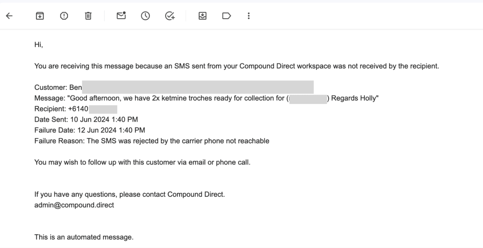 Customer email point of view of received text message