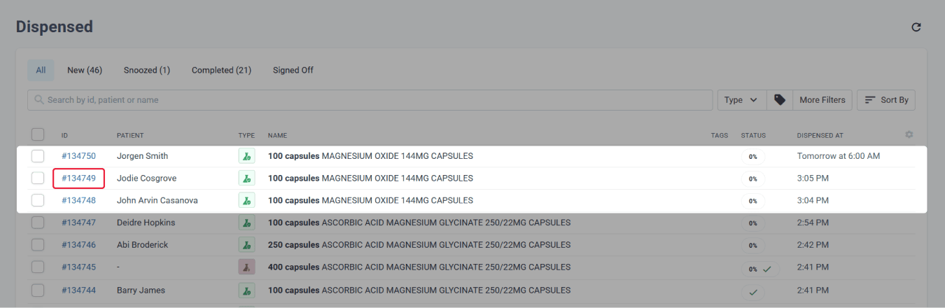 Highlighted dispensed records ID with isolated dispensed records
