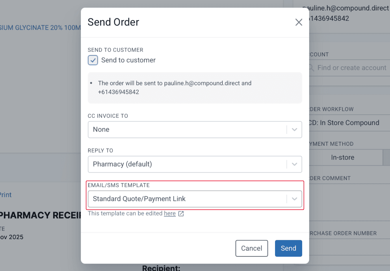 email sms template when sending orders