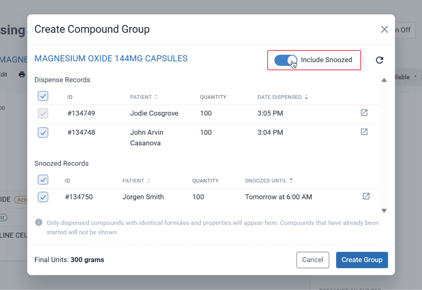 Create compound group modal, highlighted include snoozed toggled on