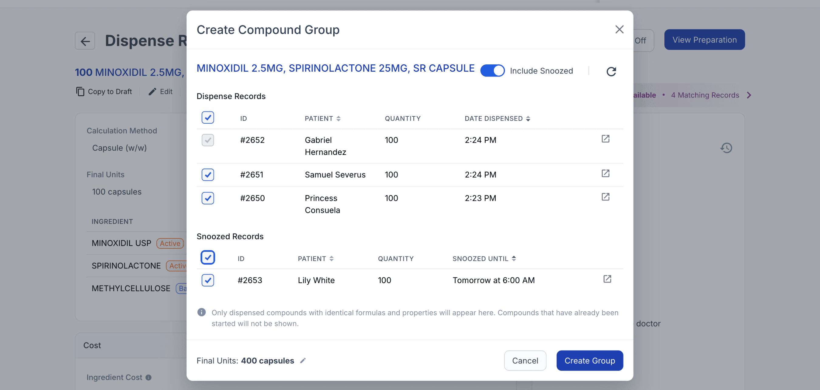 Create compound group modal, highlighted include snoozed toggled on