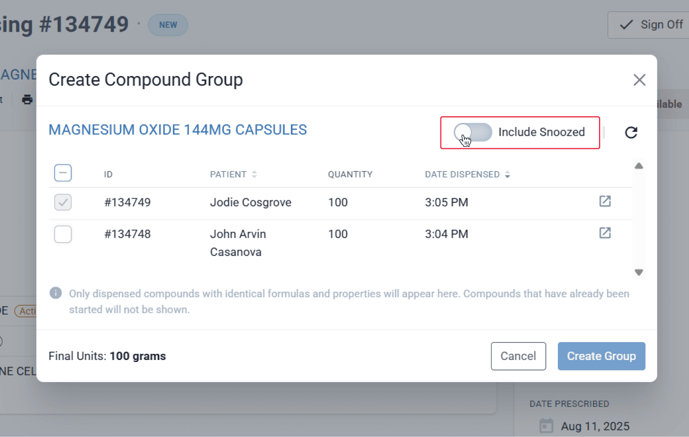 Create compound group modal, highlighted include snoozed toggled off