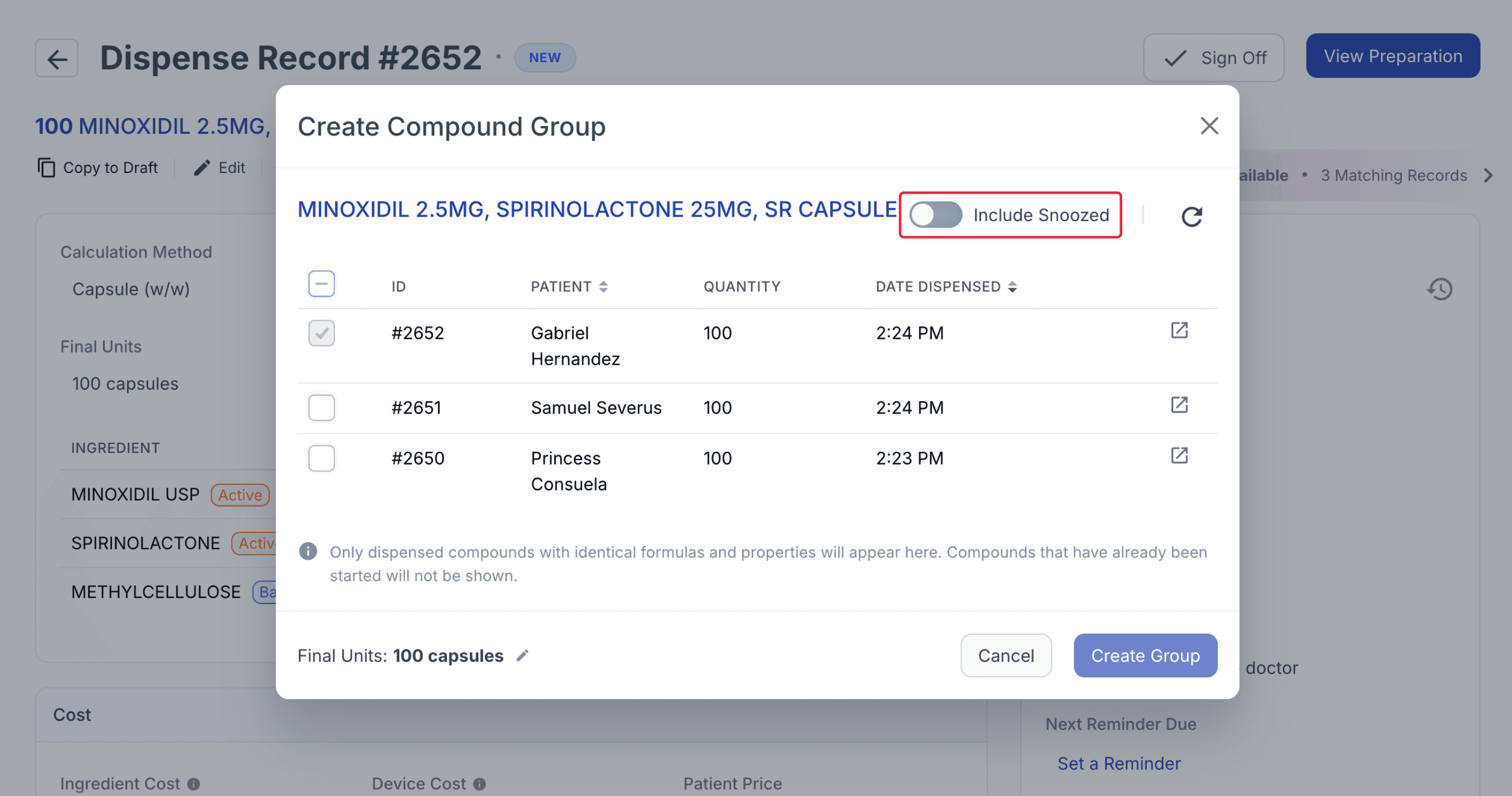 Create compound group modal, highlighted include snoozed toggled off