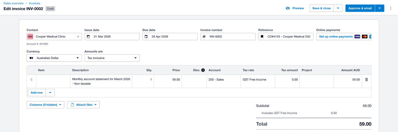Edit invoice page in Xero website