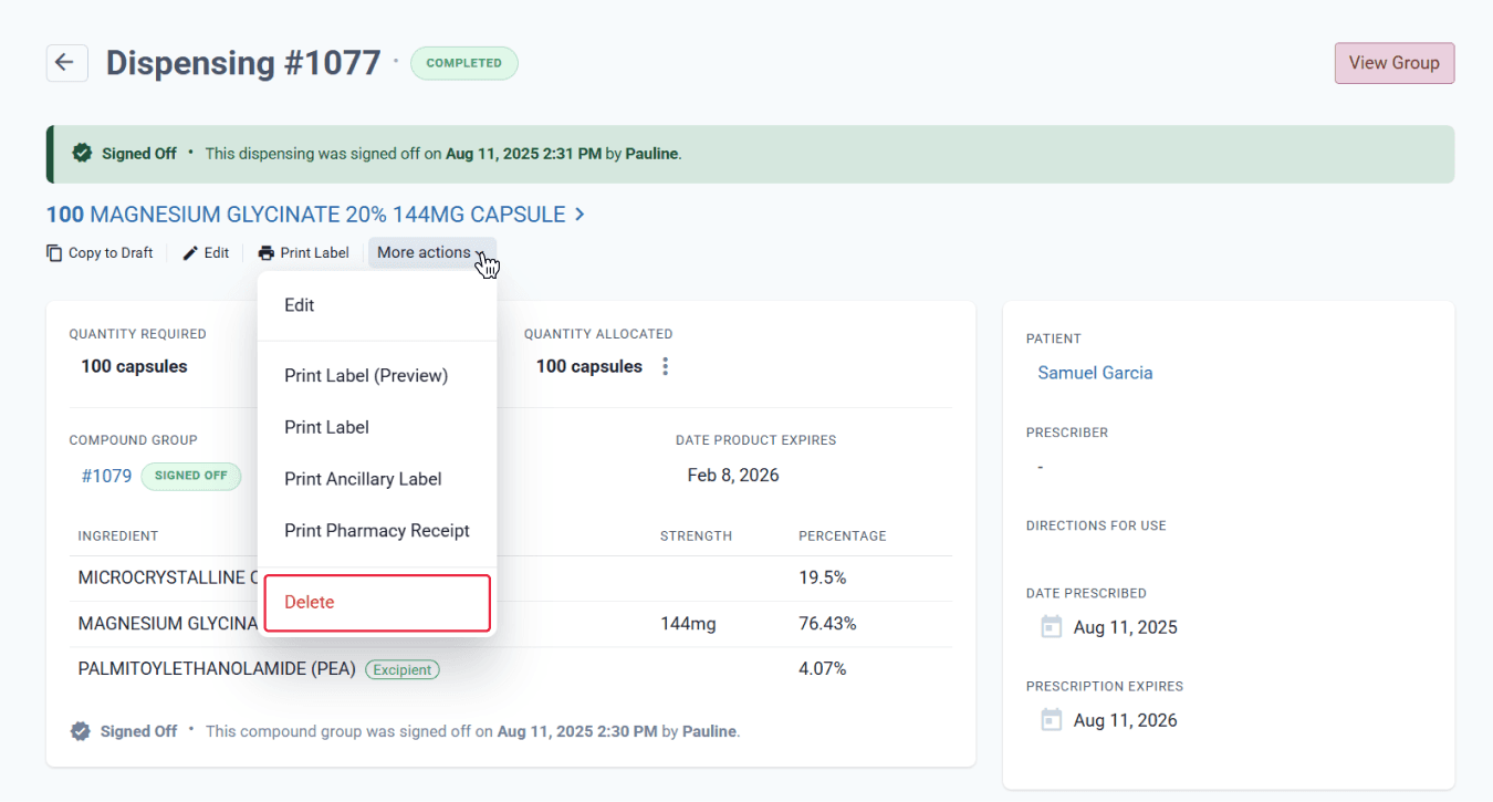 More actions, delete button highlighted on dispensing #1077 page