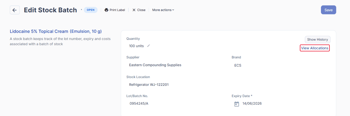Edit Stock Batch page, view allocations button highlighted