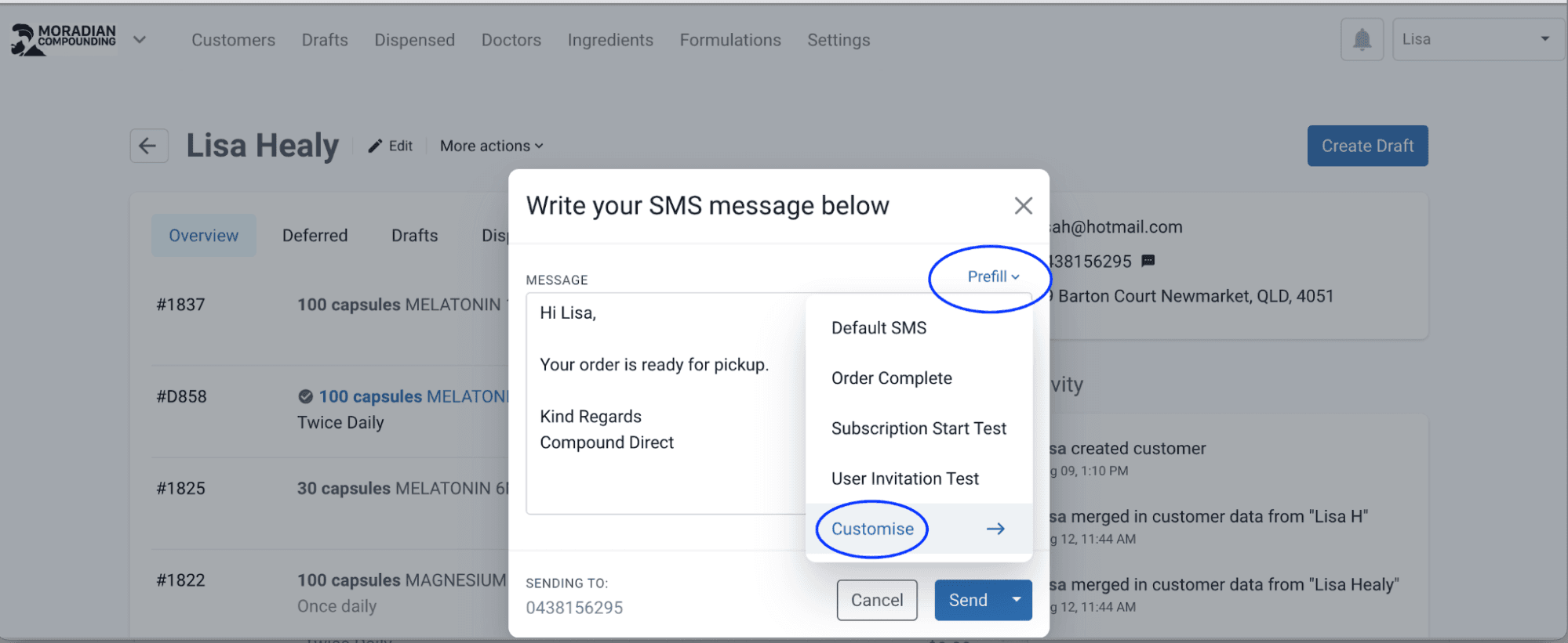 Write your SMS message below modal, prefill and customise highlighted