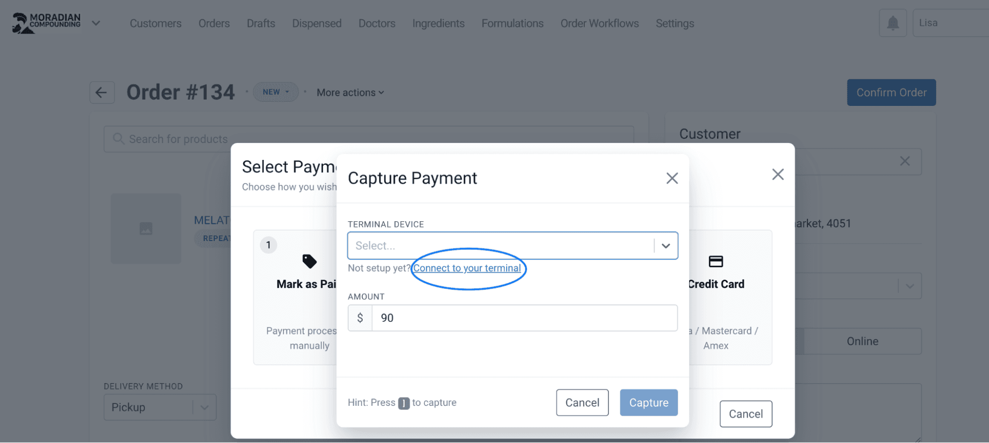 Capture payment modal from select payment method modal, highlighted connect to your terminal