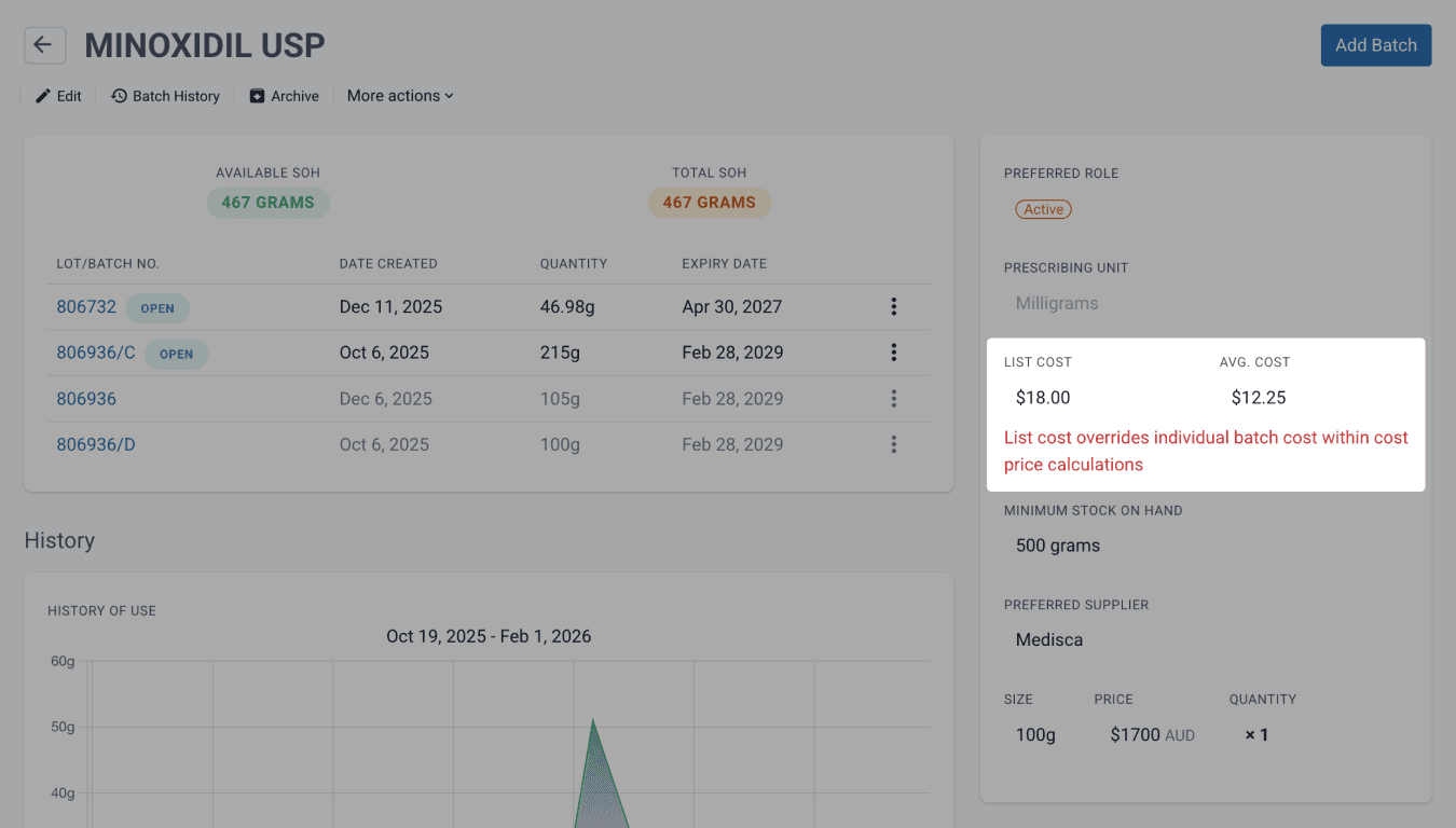 Highlighted list and average cost from ingredient page
