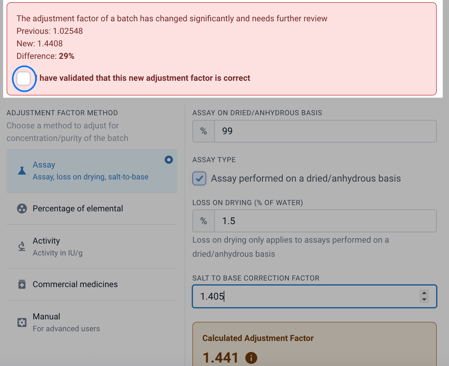 I have validated that this new adjustment factor is correct.