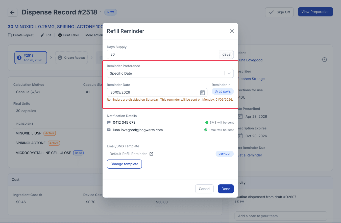set refill reminder details specific date