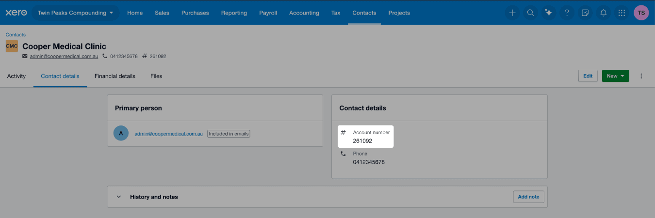 # Account number highlighted in Xero website