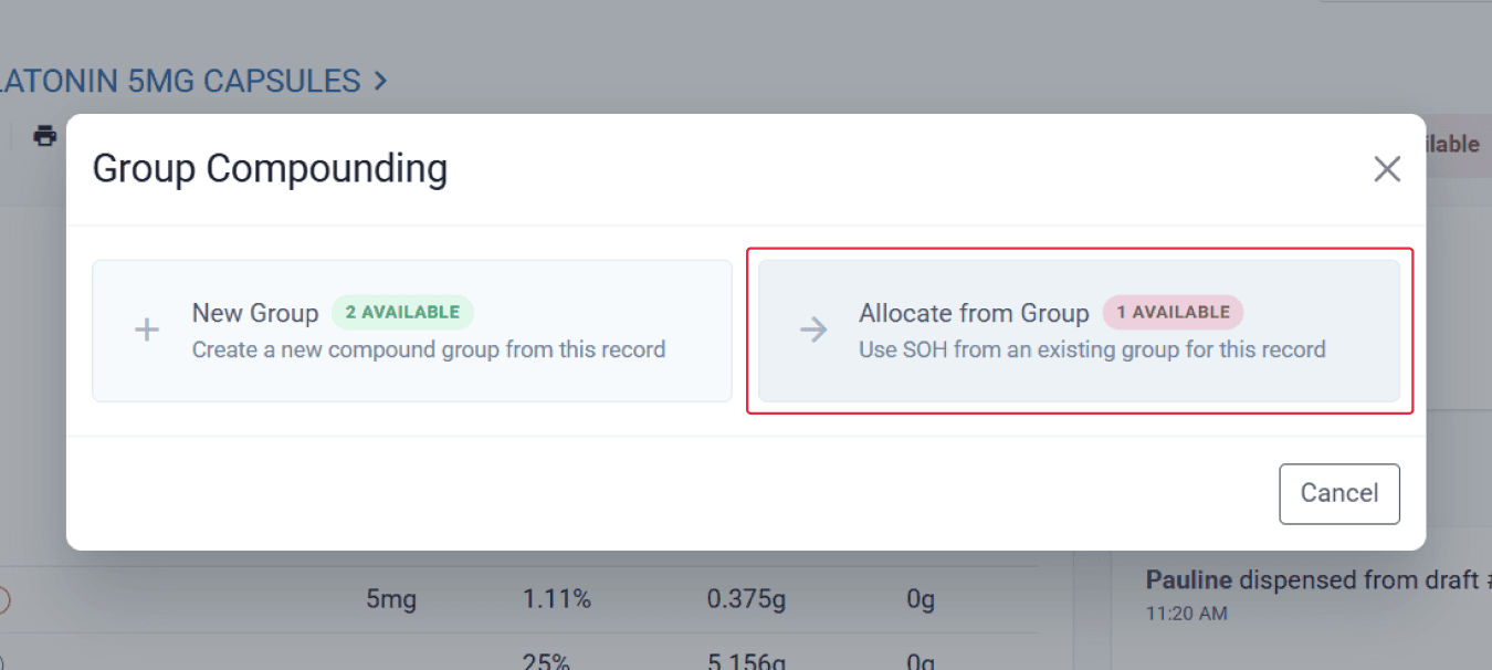 Group compounding modal, highlighted allocate from group option