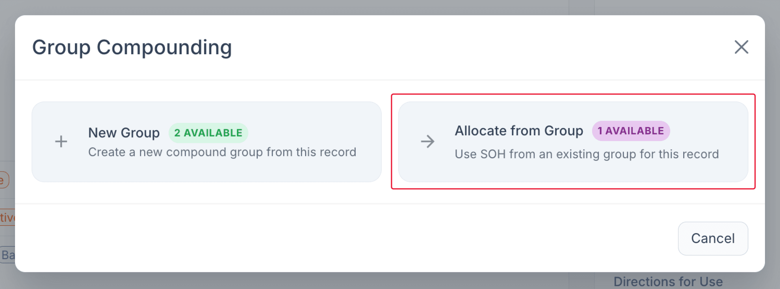 Group compounding modal, highlighted allocate from group option
