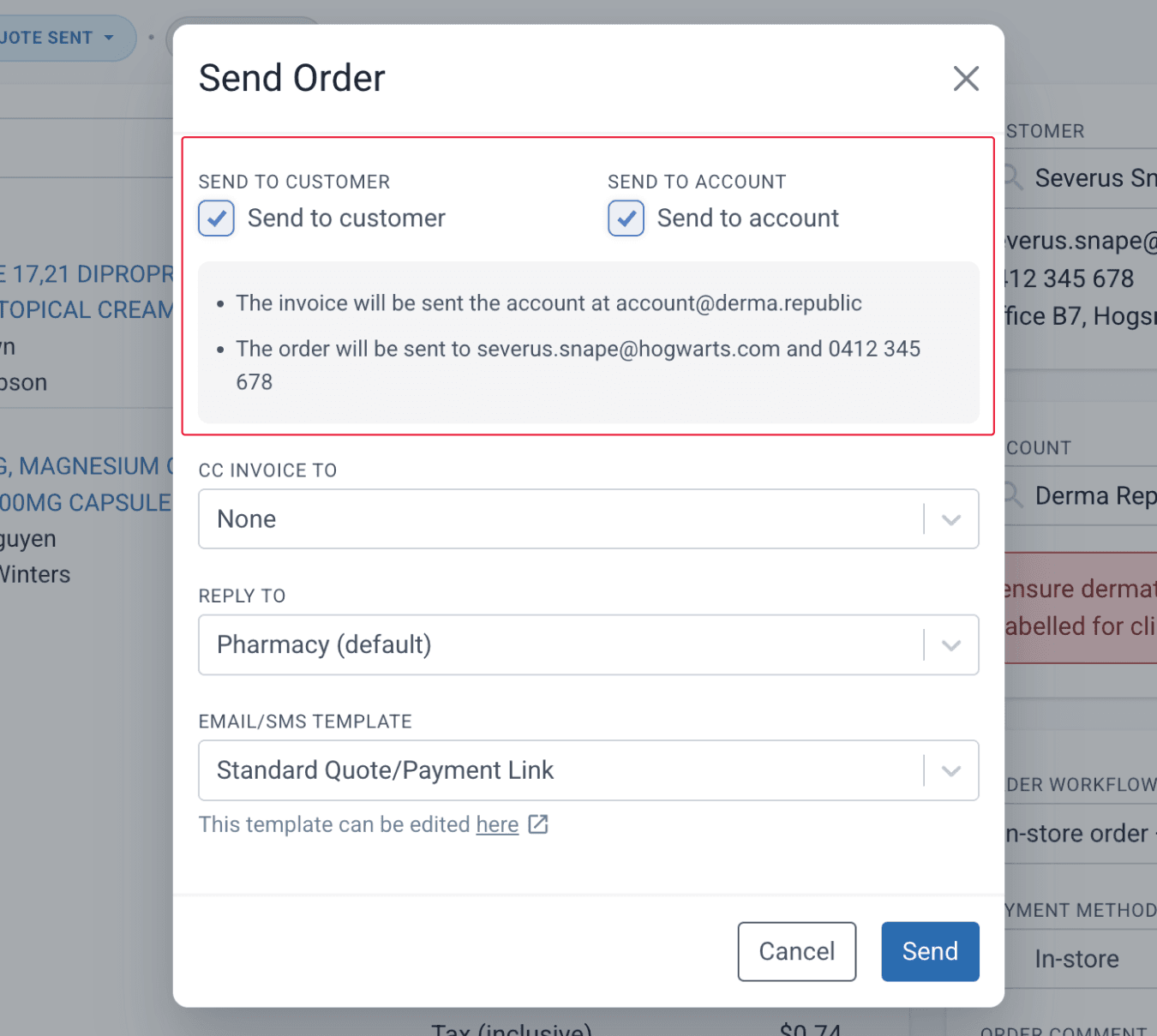 send order to customer send invoice to acc