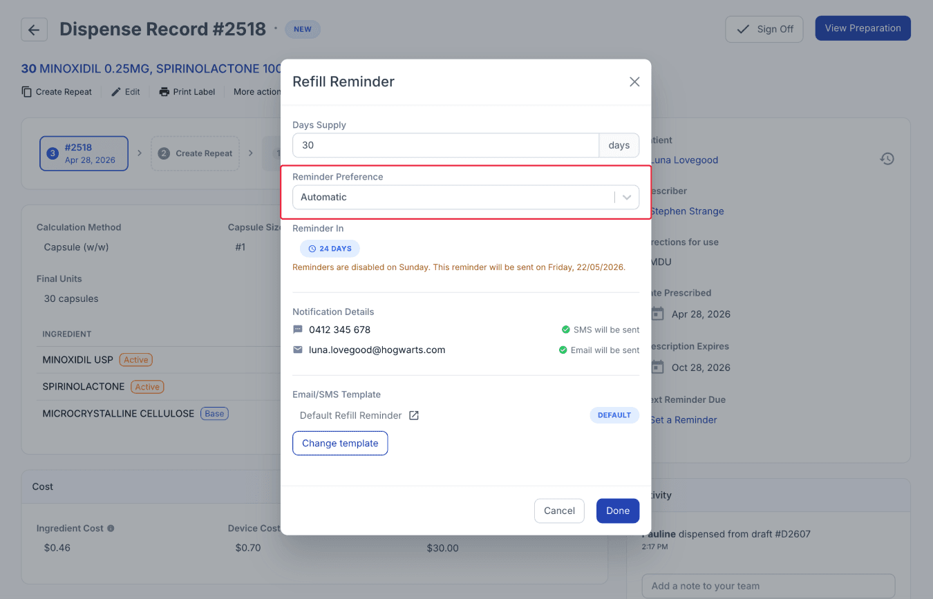 set refill reminder details automatic
