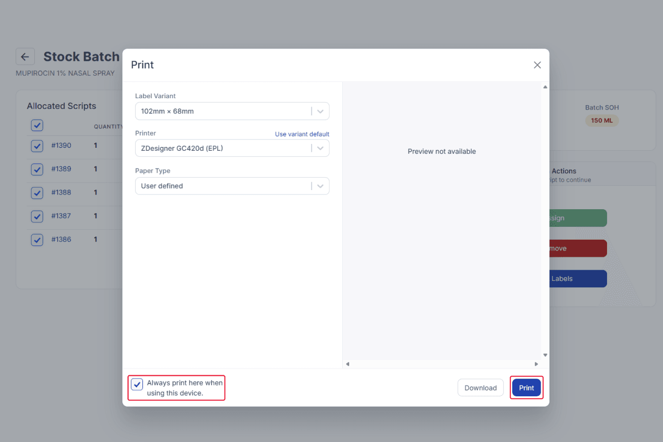 Stock Batch page, print modal, checkbox, and print button highlighted