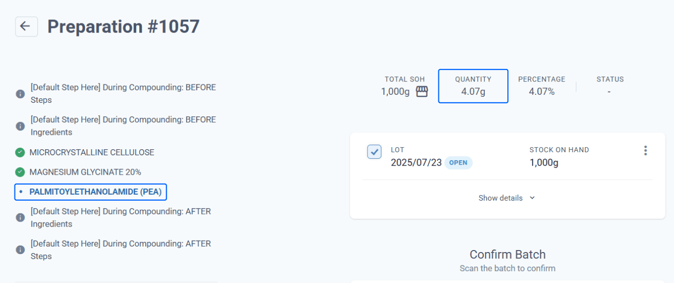 Highlighted quantity and PEA, preparation page