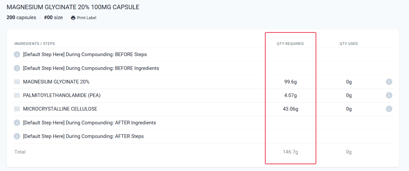 Quantity required highlighted preparation page