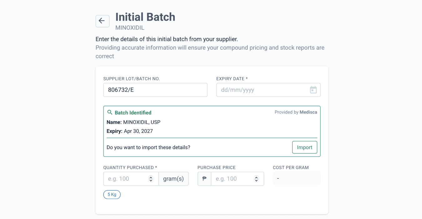 Initial batch page, import Medisca integration
