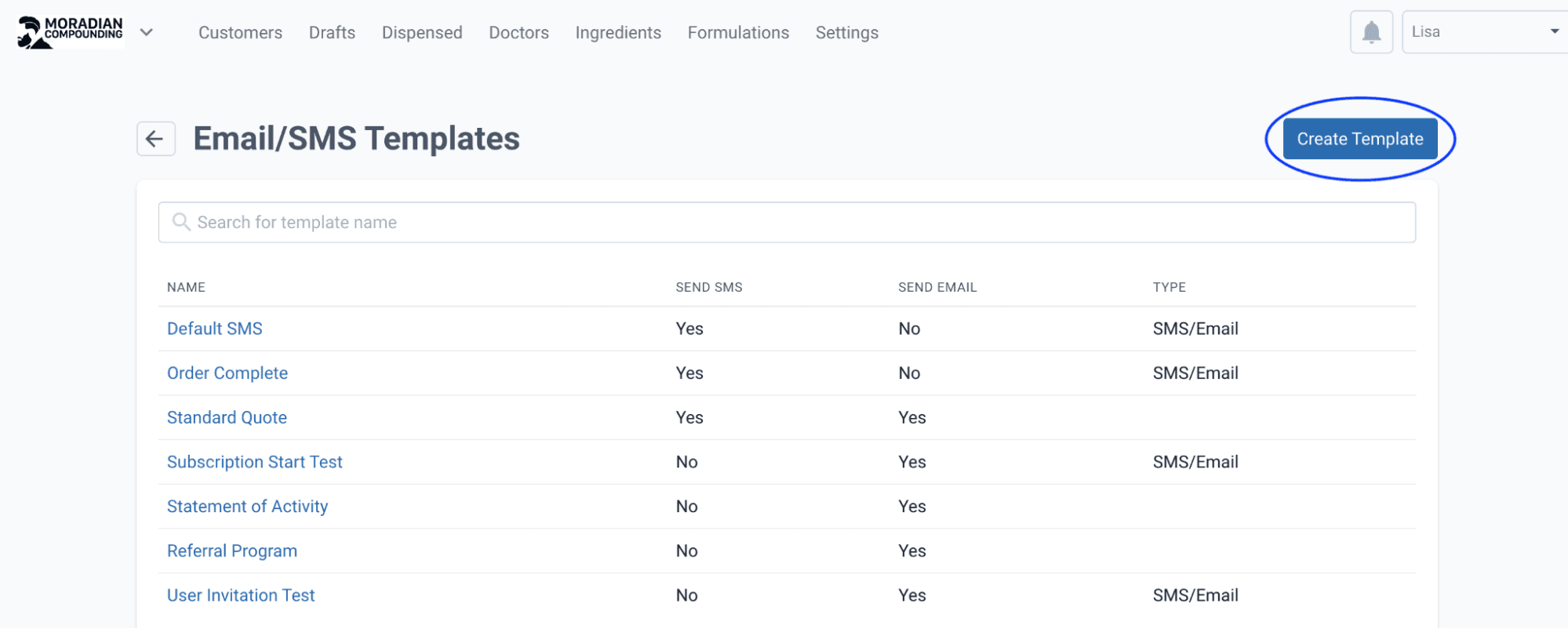Create template button on email/SMS template