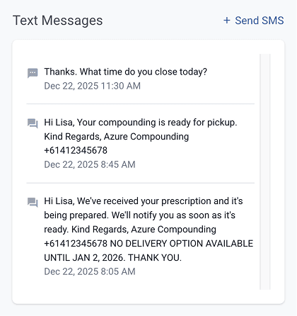 Text messages section with samples