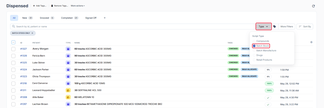Dispensed dashboard, Script Type: Batch Stock ticked and highlighted