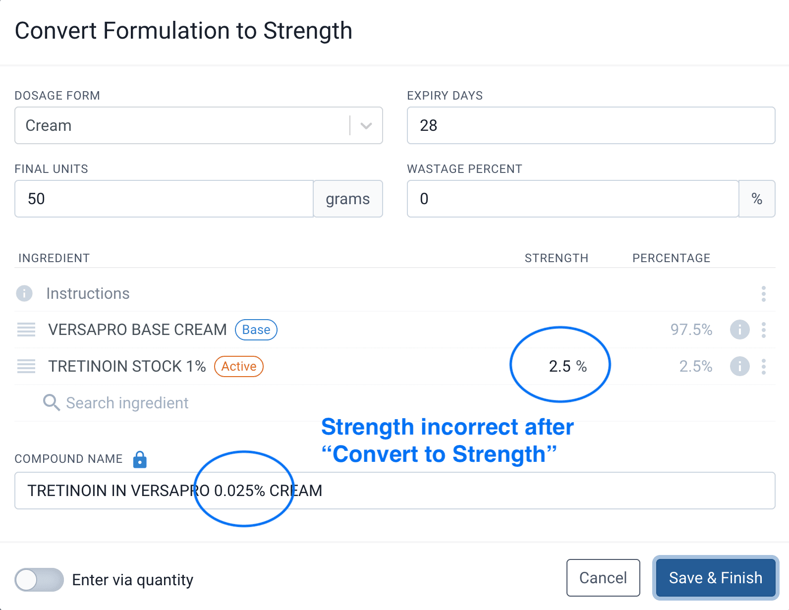 Convert formulation to strength modal with highlighted strength and compound name strength