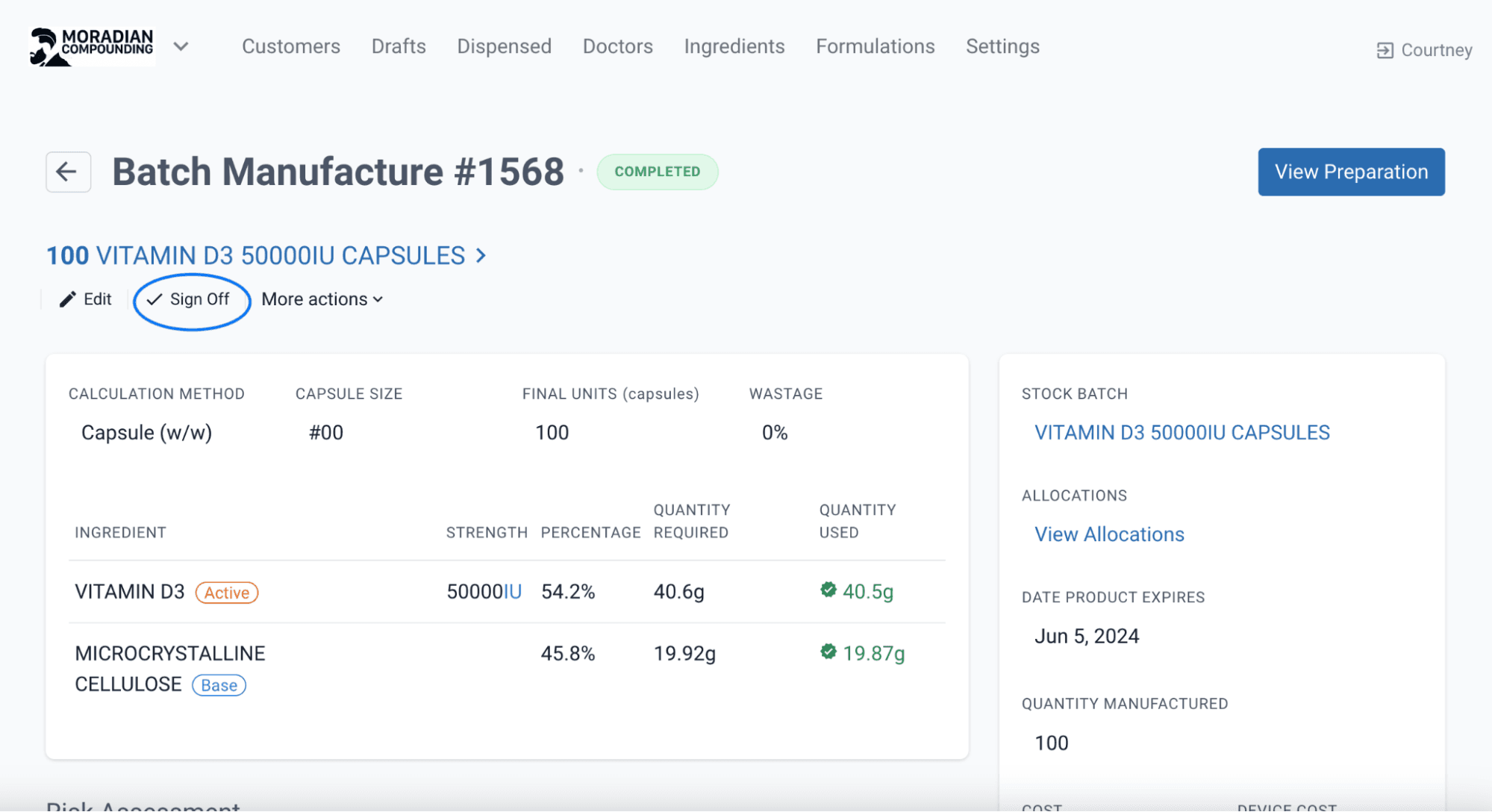 Sign off highlighted on batch manufacture #1568 page
