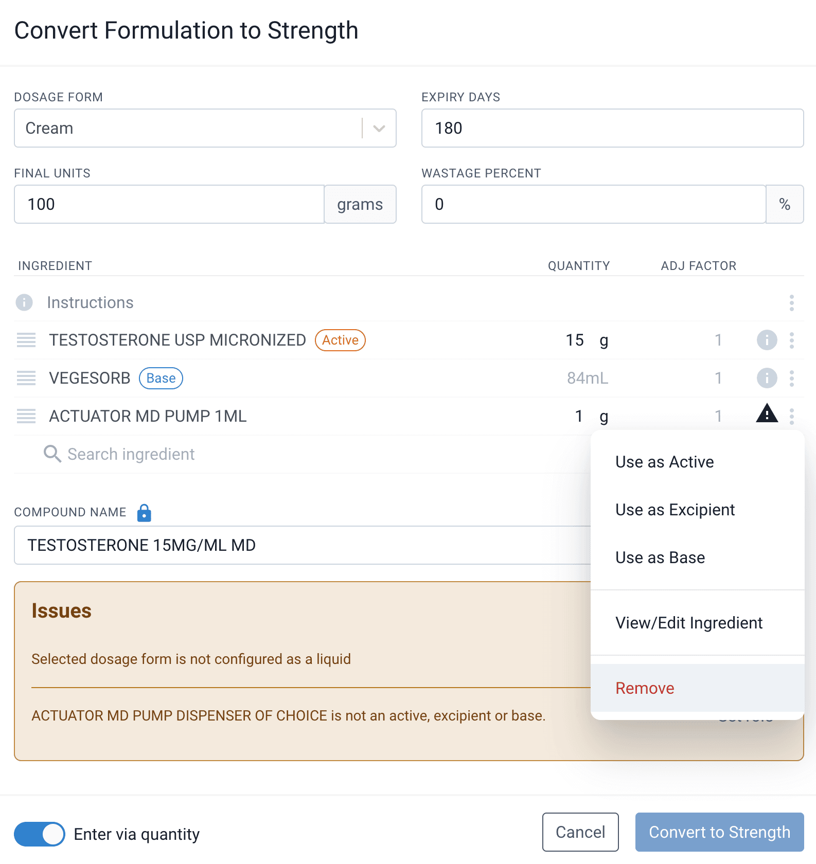 Convert formulation to strength modal with remove option drop-down menu