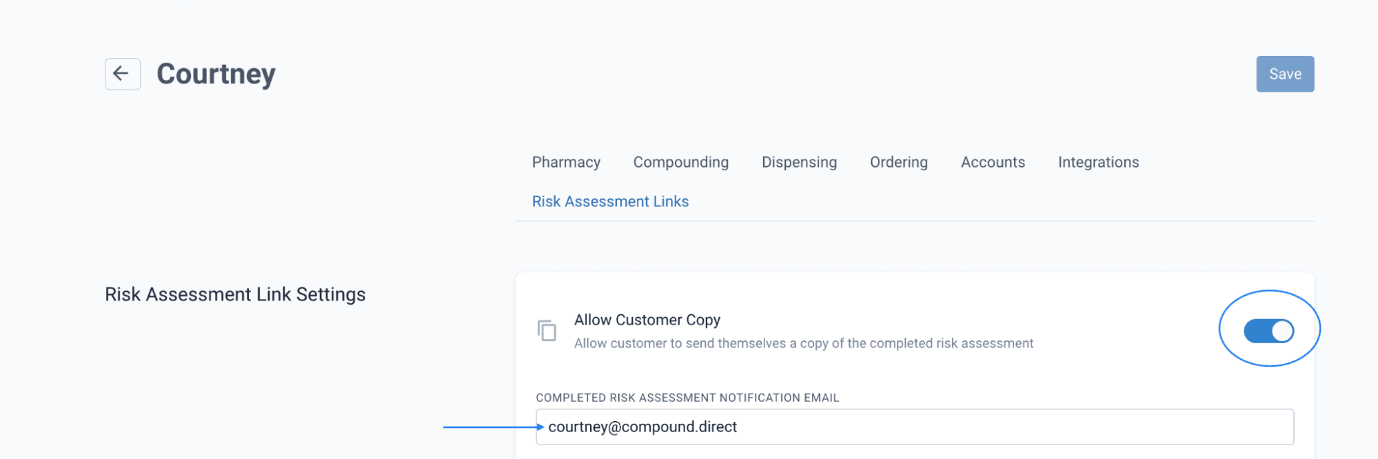 Risk assessment link settings, toggled allow customer copy on, pointed completed risk assessment notification email
