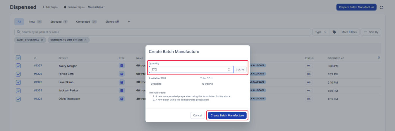 Create batch manufacture modal, highlighted quantity and create batch manufacture button