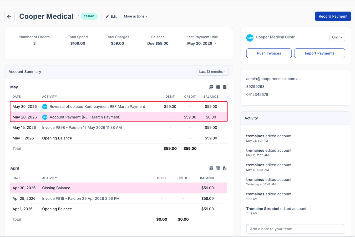 Account payment and reversal of deleted Xero payment highlighted on accounts page