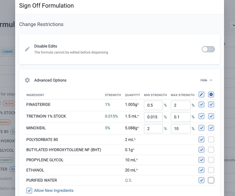 Signed off formulation modal - advanced options