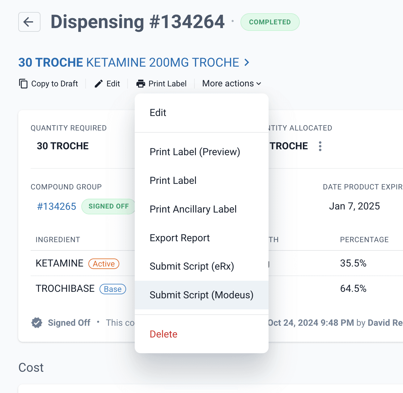 Dispensing #134264 page with submit script (Modeus) button selected