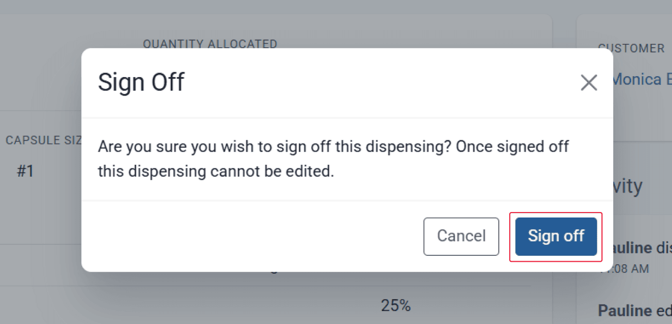 Step 5: On the Sign Off confirmation modal, click the ‘Sign Off’ button to proceed.