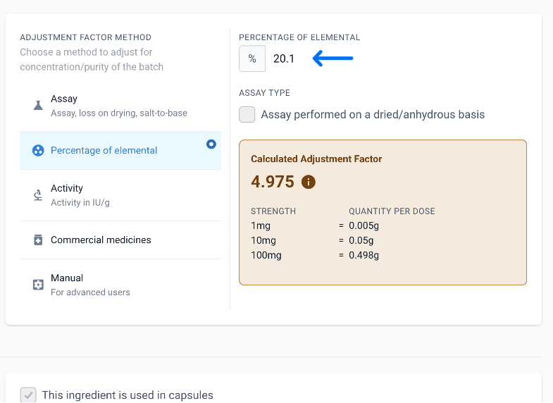 Adjuustment factor with pointed percentage of elemental