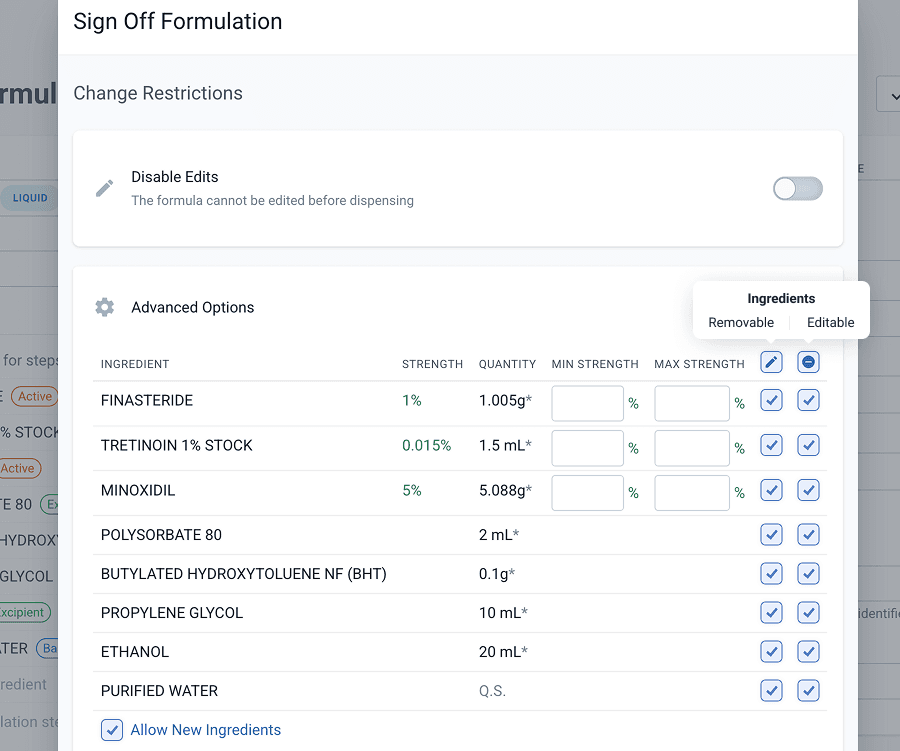 Removal and editable configuration from signed off formulation modal