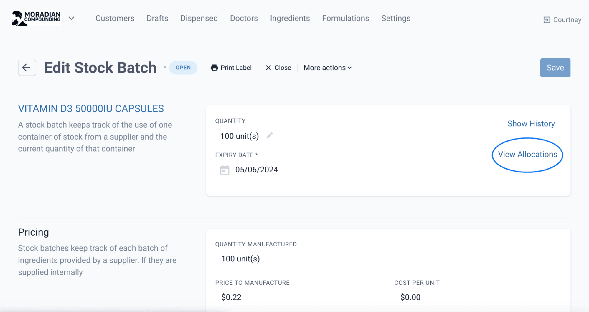 Edit stock batch page, highlighted view allocations button