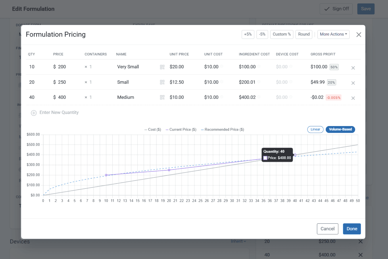 formulation pricing modal