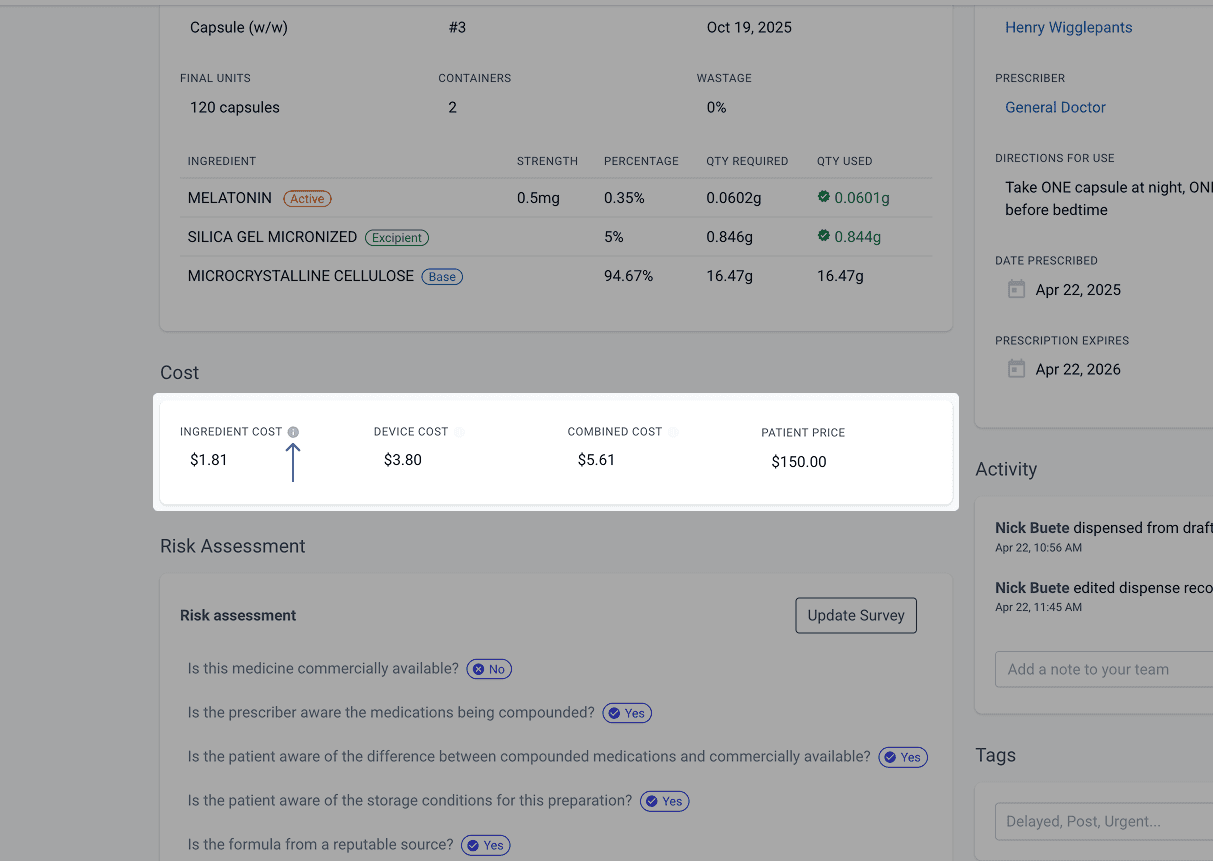 Highlighted cost in a dispensed page with pointed info icon