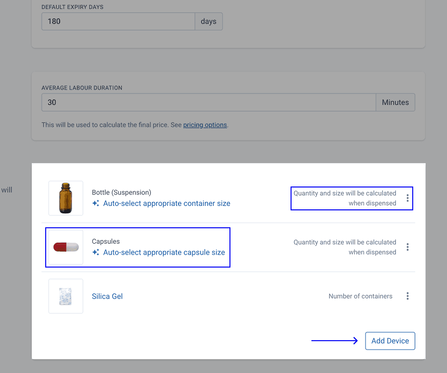 Highlighted added devices to dosage forms with auto-select appropriate capsule size