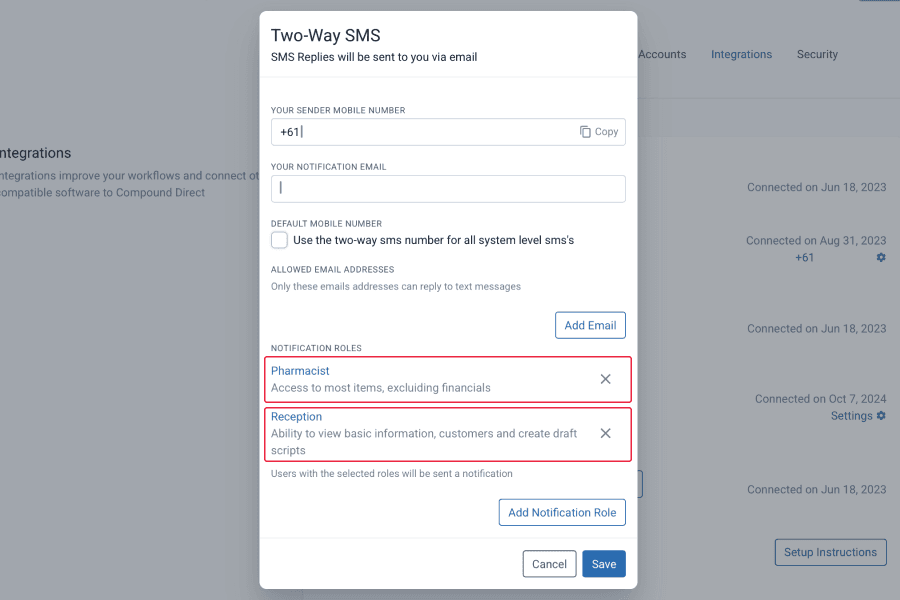 Two-way SMS modal with highlighted notification roles