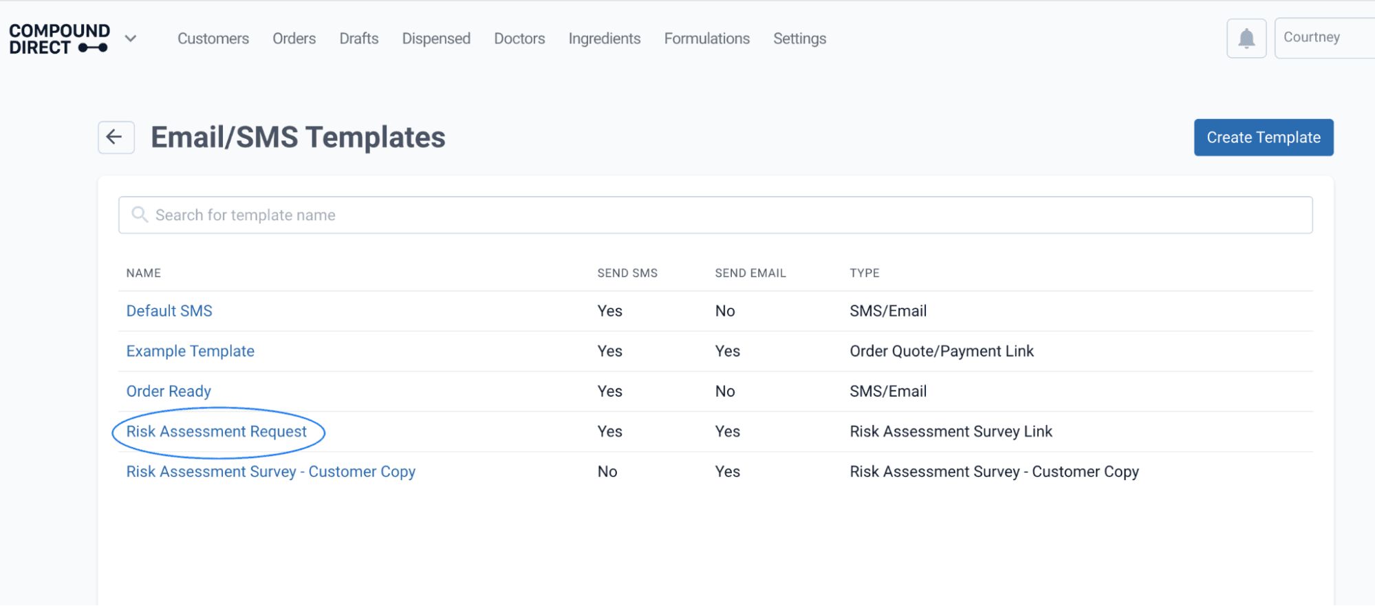 Email/SMS templates page, risk assessment request highlighted
