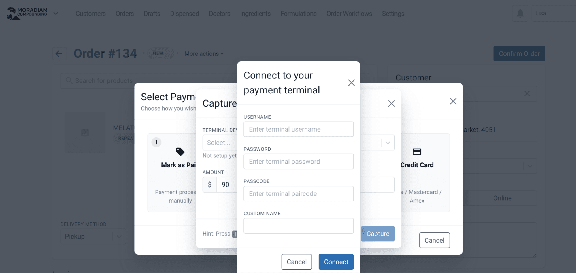 Connect to your payment terminal modal from capture payment and select payment method modal