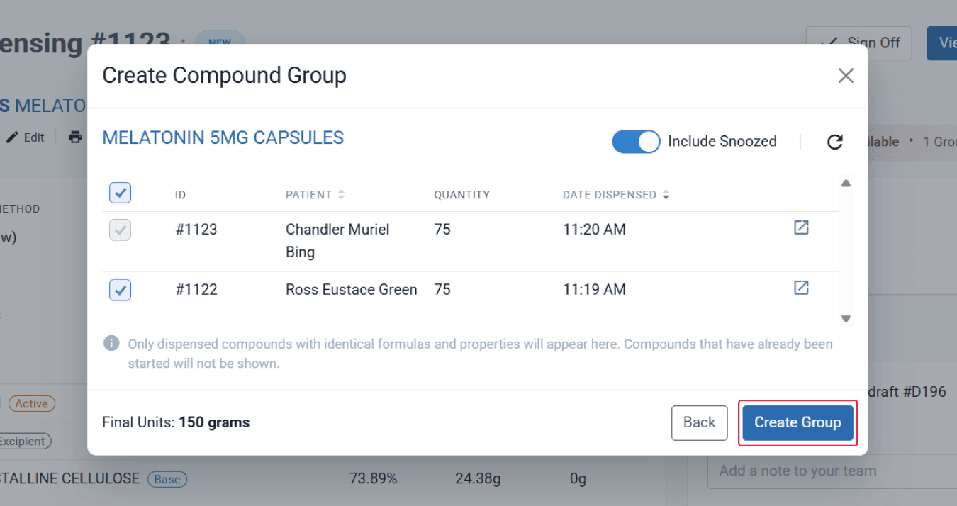 Create compound group, toggled include snoozed on, highlighted create group
