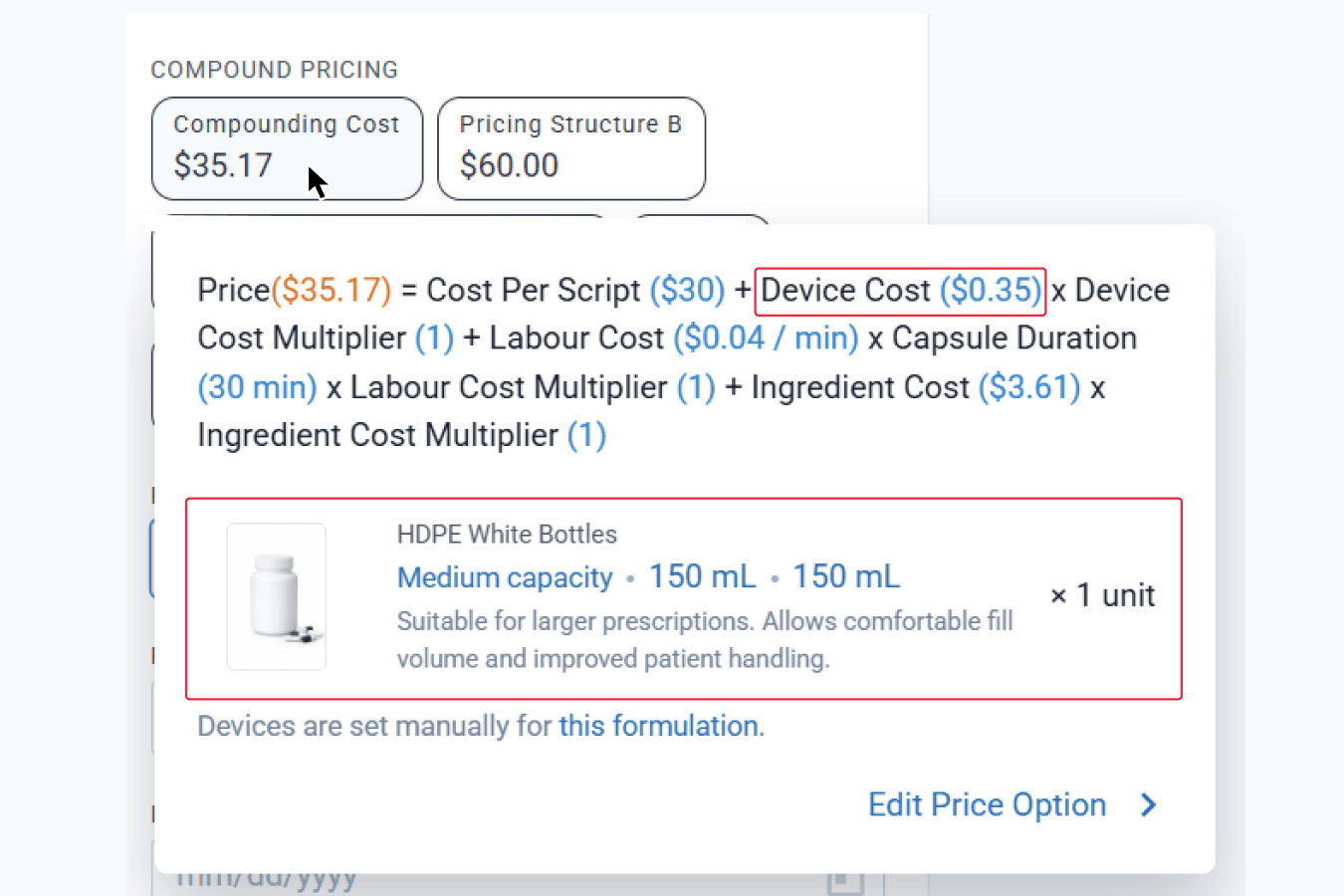 Highlighted: device cost and device added while hovering over compound cost under compound pricing