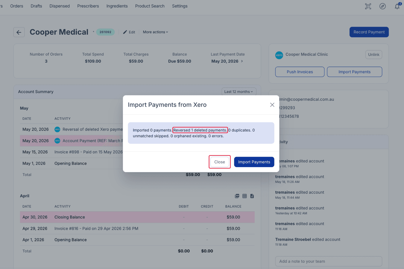 Reversal deleted payment and close button highlighted on Import Payments from Xero modal